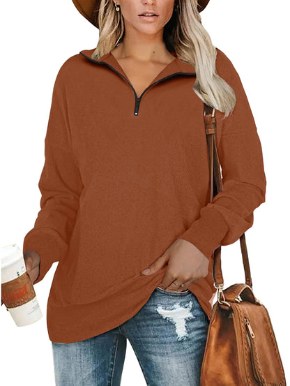 Women Half Zip Oversized Pullover Long Sleeve Sweatshirt Caramel Brown