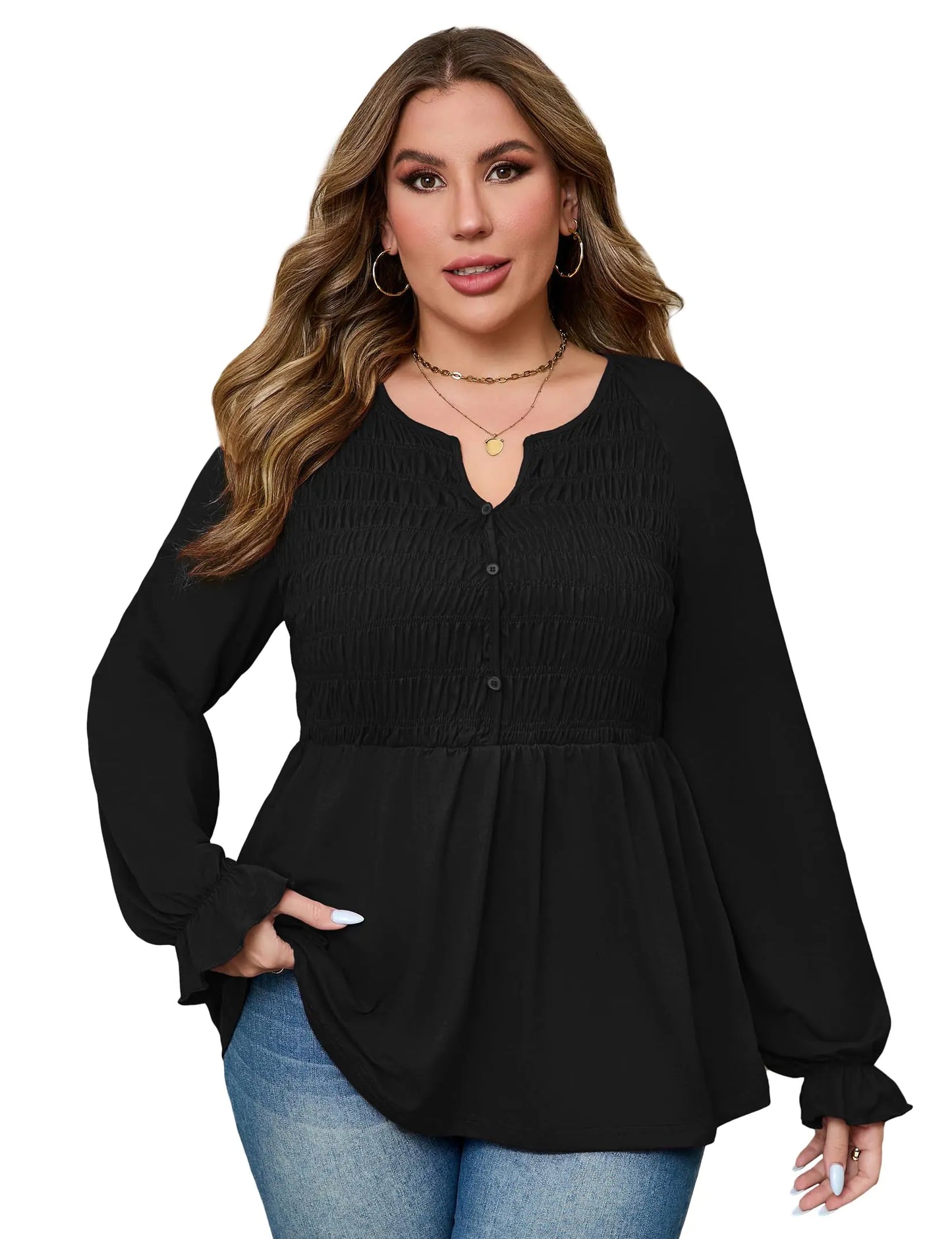 Women V Neck Peplum Blouse Long Sleeve Tunic Tops Black