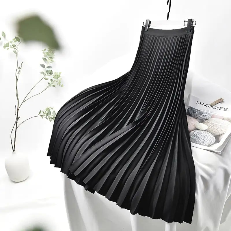 Women High Waist A-Line Pleated Midi Skirt