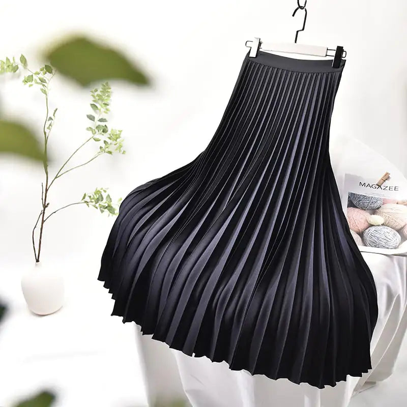 Women High Waist A-Line Pleated Midi Skirt