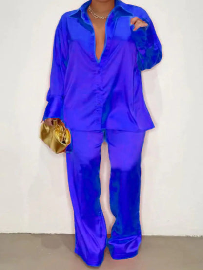 Elegant Satin Tracksuit with Wide Leg Pants