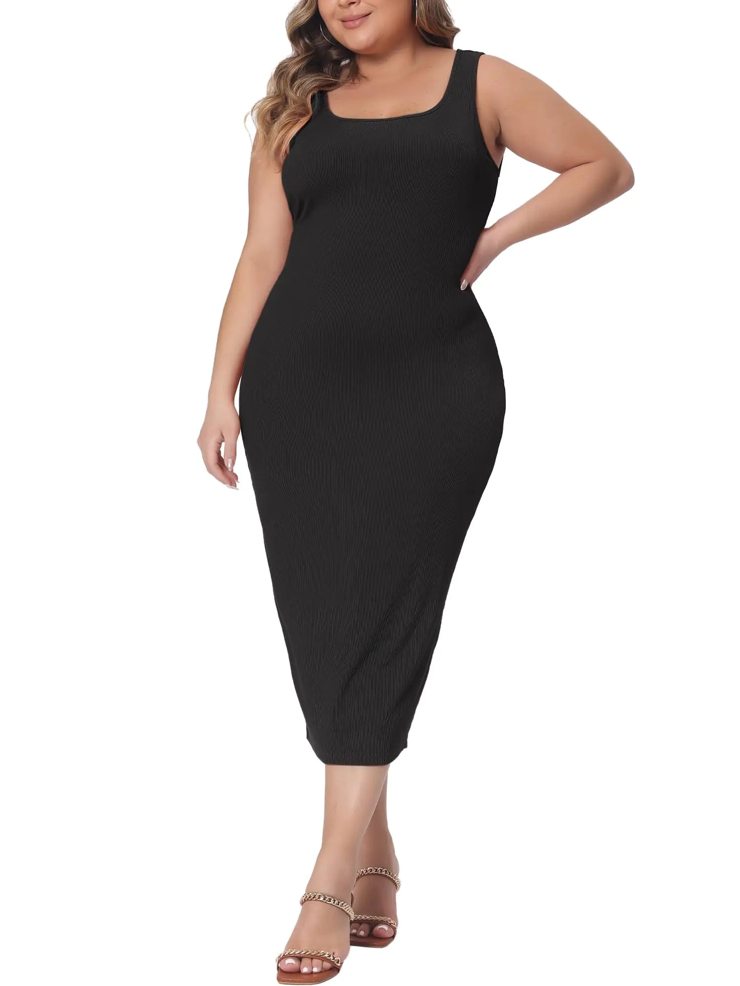 Women Sleeveless Square Neck Bodycon Sundress Midi Tank Dress Black