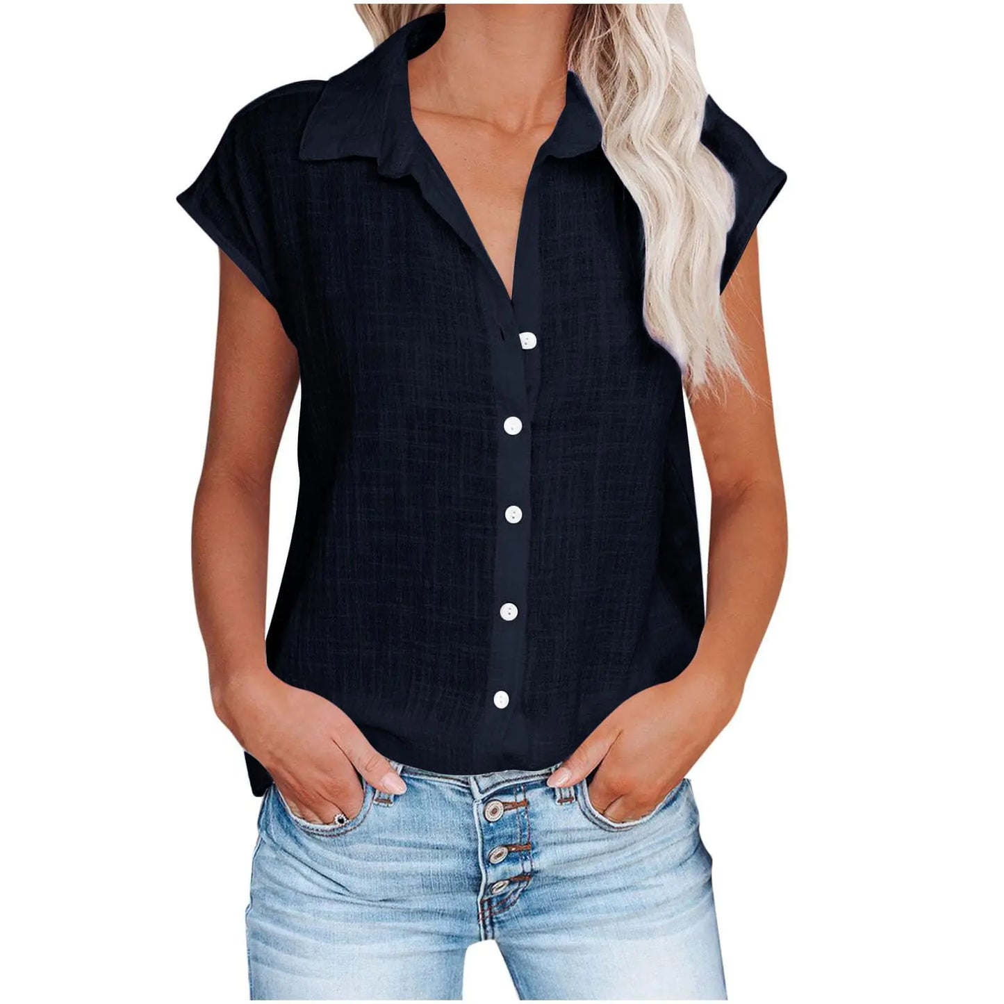Women’s Cotton Linen Tunic Lapel Cap Sleeve Button Down Shirts Navy