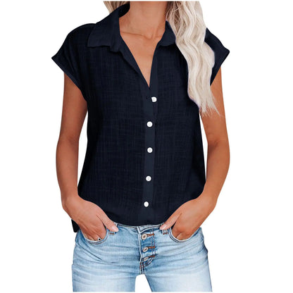 Women’s Cotton Linen Tunic Lapel Cap Sleeve Button Down Shirts Navy