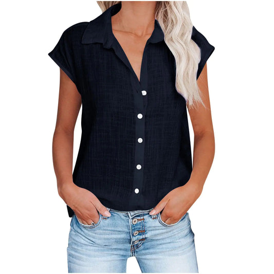 Women’s Cotton Linen Tunic Lapel Cap Sleeve Button Down Shirts Navy