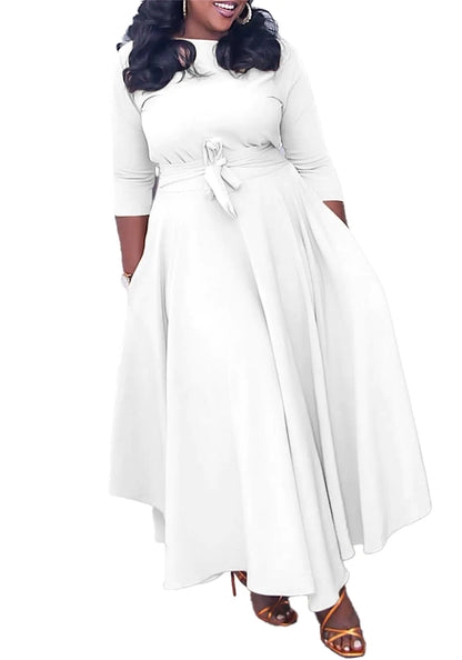 Fall Maxi Dress for Women Long Sleeve Swing Dress with Belt White