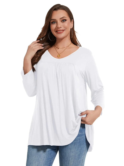 Women’s V-Neck Pleated 3/4 Sleeve Tops White
