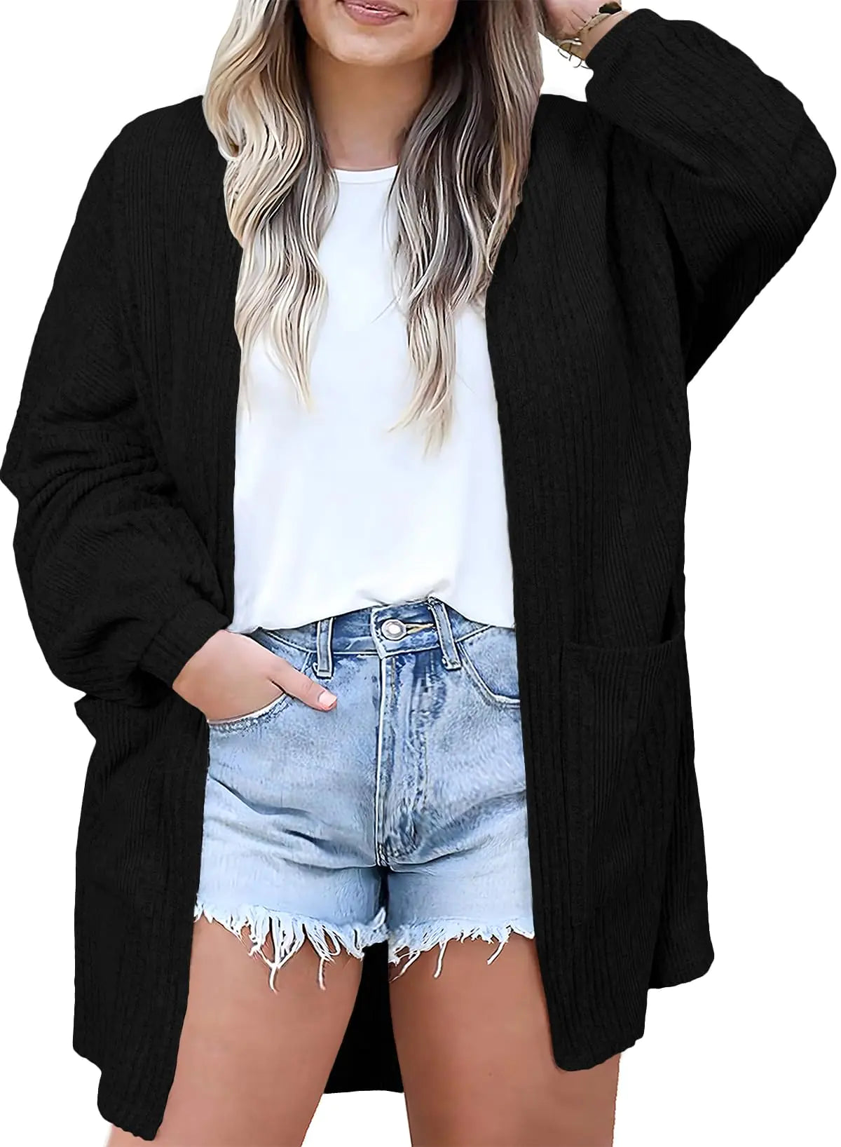 Eytino Women's Cardigans Casual Long Sleeve Open Front Ribbed Knit Sweaters with Pockets Black