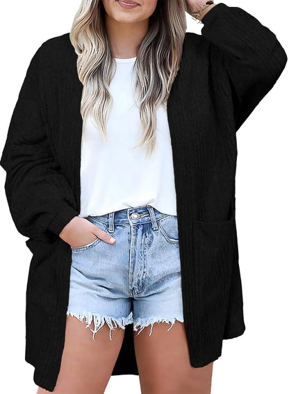 Eytino Women's Cardigans Casual Long Sleeve Open Front Ribbed Knit Sweaters with Pockets Black