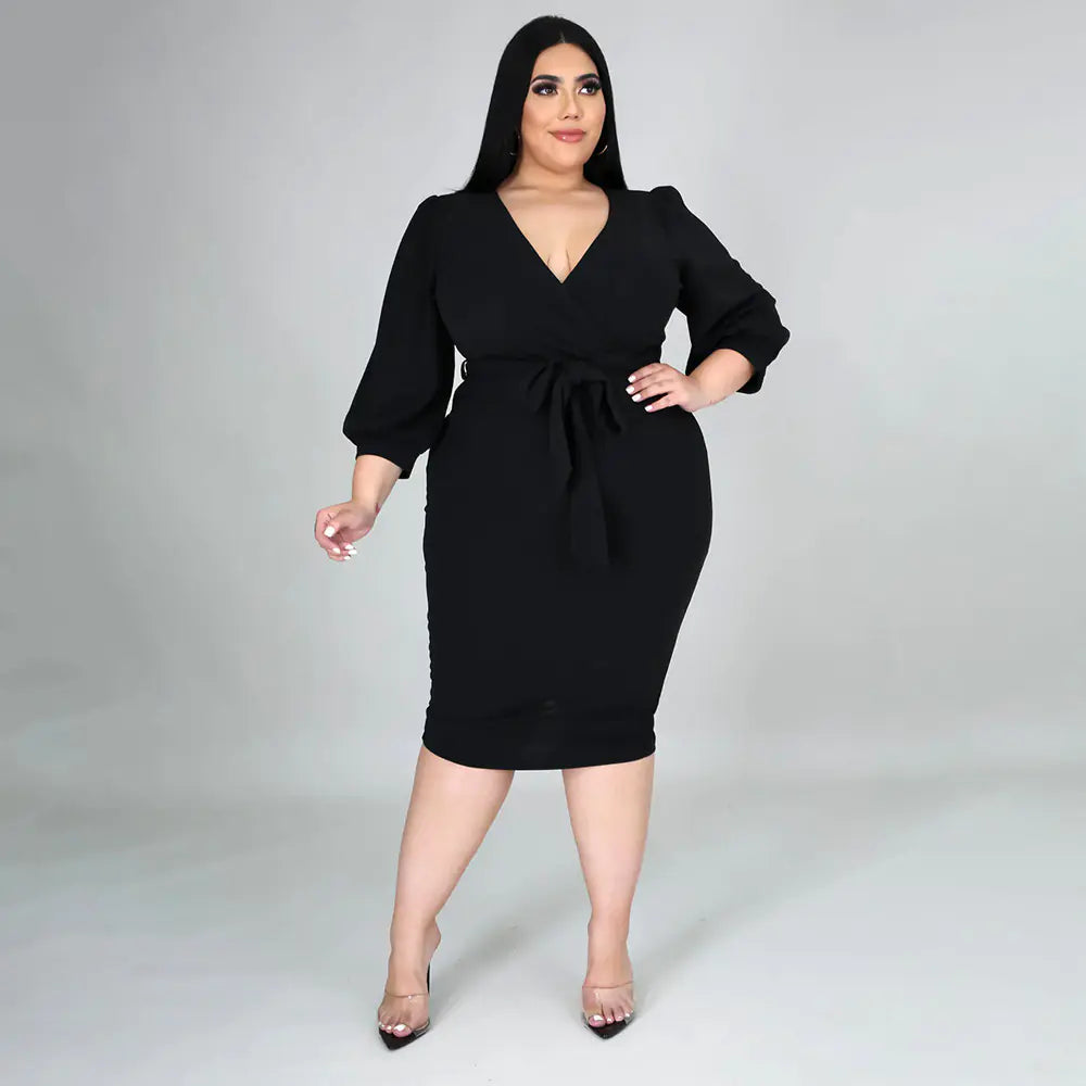 Women Elegant Stretch Midi Dress With Surplice V-Neck, Bishop Sleeve and Self-Tie