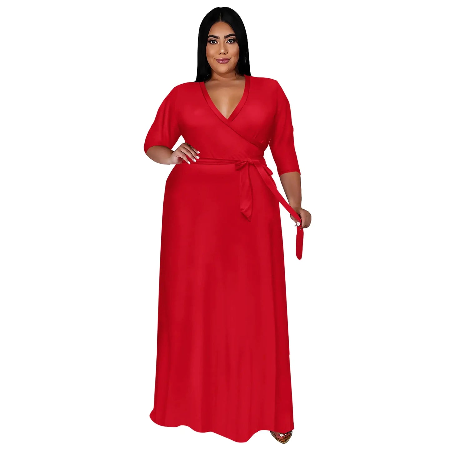 Women 3/4 Sleeve Wrap Dress Pocket Spring - Red