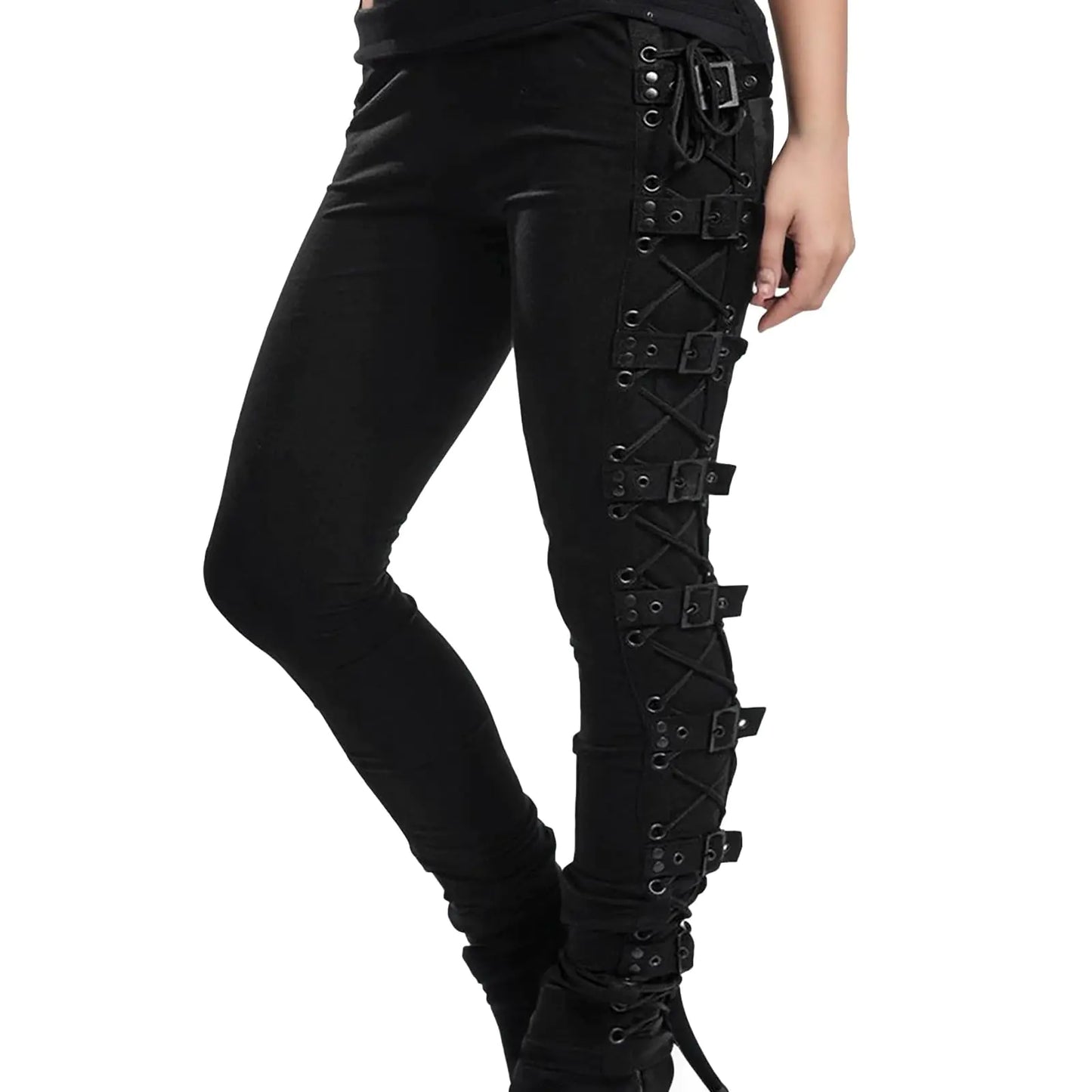 Women Gothic Pants with Side Buckles Black