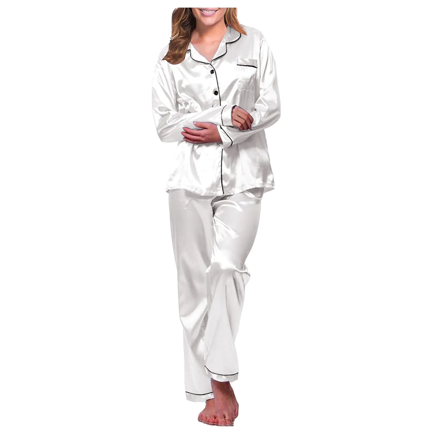Women Long Sleeve Button Shirt Pajamas White