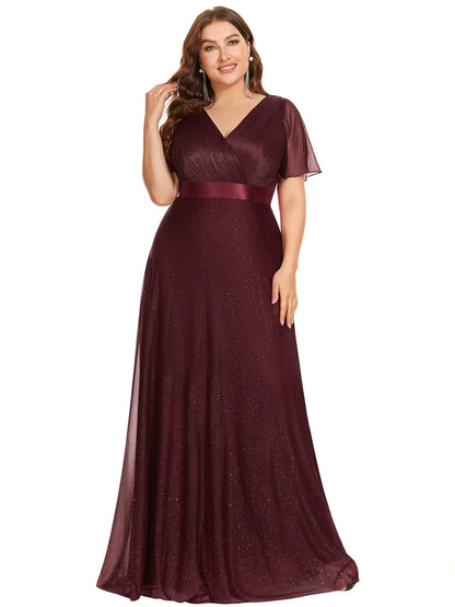 Women’s V-Neck Long Shimmery Flutter Sleeve Formal Dress Burgundy
