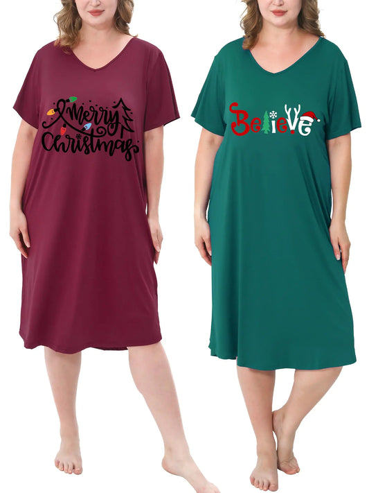 2 Pack Women Short Sleeve Casual V Neck Nightgown Sleepwear