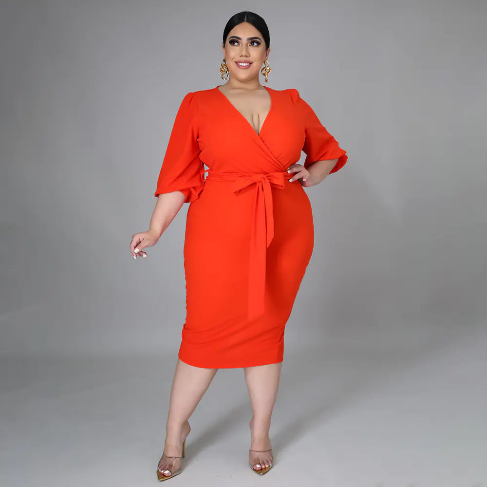 Women Elegant Stretch Midi Dress With Surplice V-Neck, Bishop Sleeve and Self-Tie