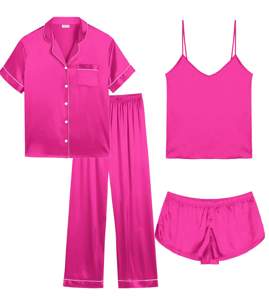 SWOMOG Women Pajama Set 4pcs Silk Satin Sleepwear Button Down