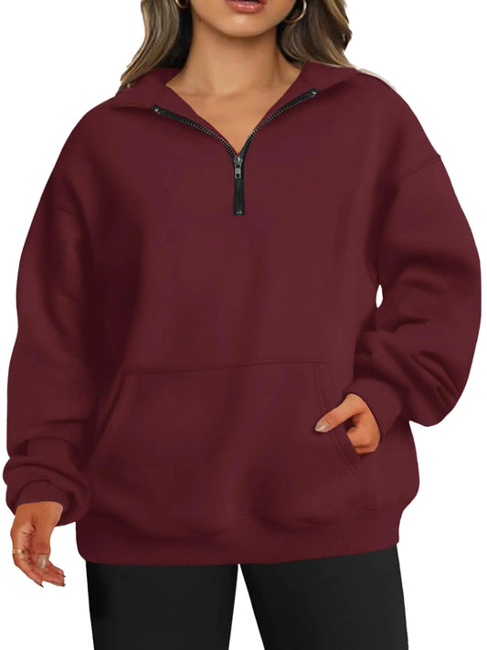 Women Half Zip Oversized Pullover Long Sleeve Sweatshirt Wine Red