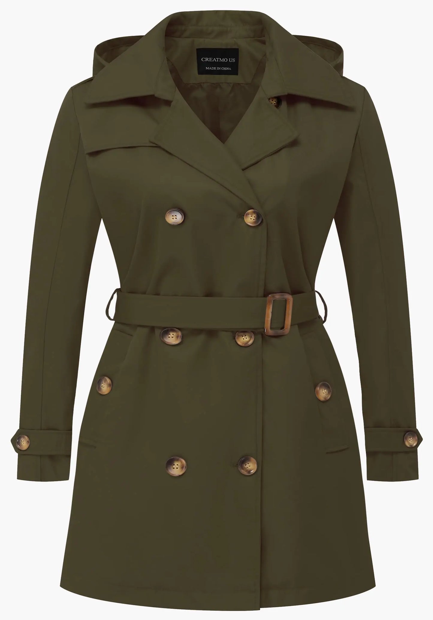 CREATMO US Women’s Trench Coat Mid Length Relaxed-Fit Water-Resistant Army Green