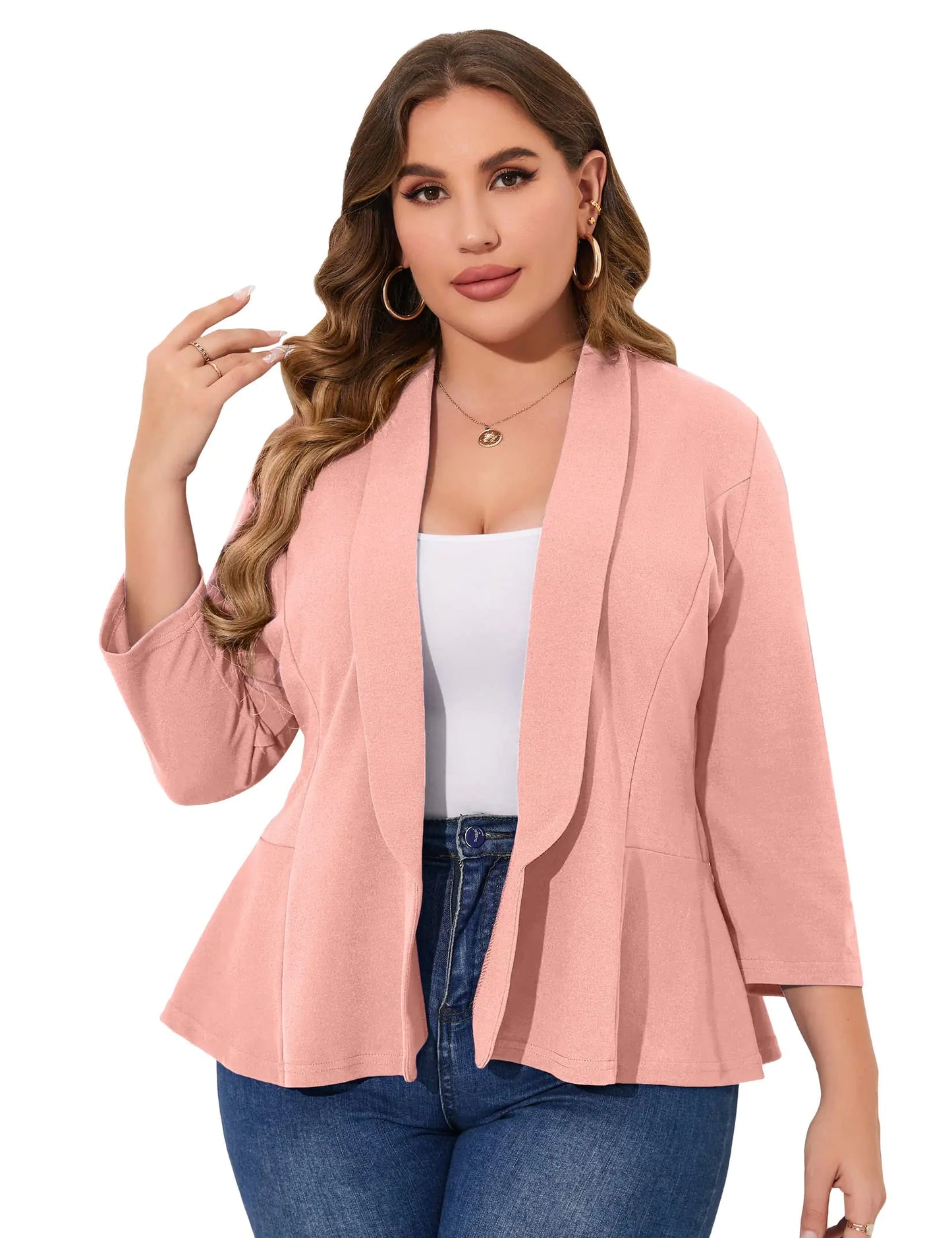 Women Open Front Casual Blazer Long Sleeve Work Office Cardigan Jackets Pink