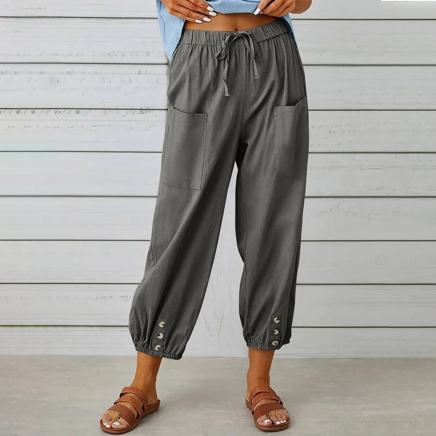 Women's Casual Drawstring Pants with Buttons