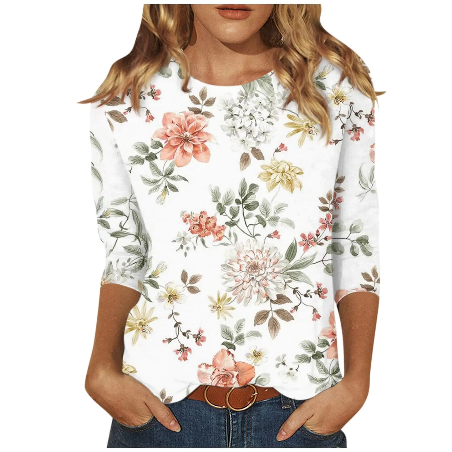Women Loose Fit 3/4 Sleeve Scoop Neck T Shirts Fall Casual Floral Print Basic Tees