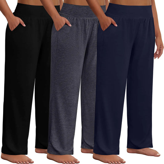 Neer 3 Pack Women Wide Leg Yoga Pants High Waist Sweatpants with Pockets (Black, Dark Grey, Navy Blue)
