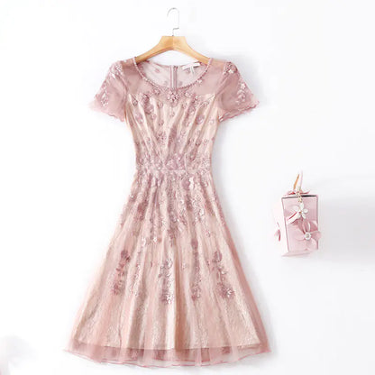 Women Knee Length Embroidered Lace Evening Dress