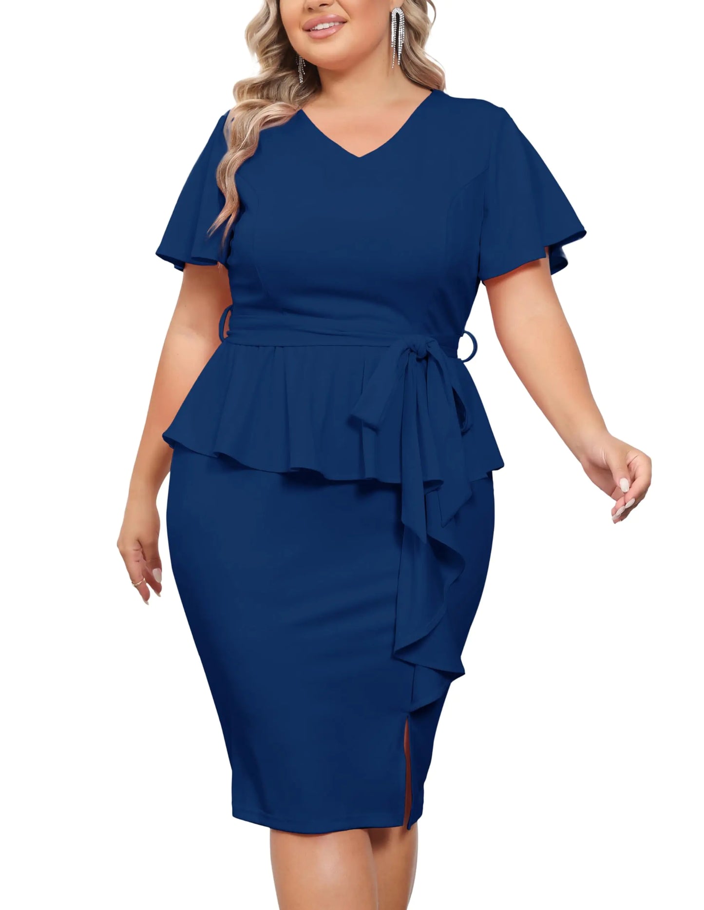 Hanna Nikole Women Wrap Dress Peplum Sleeves Dress Blue