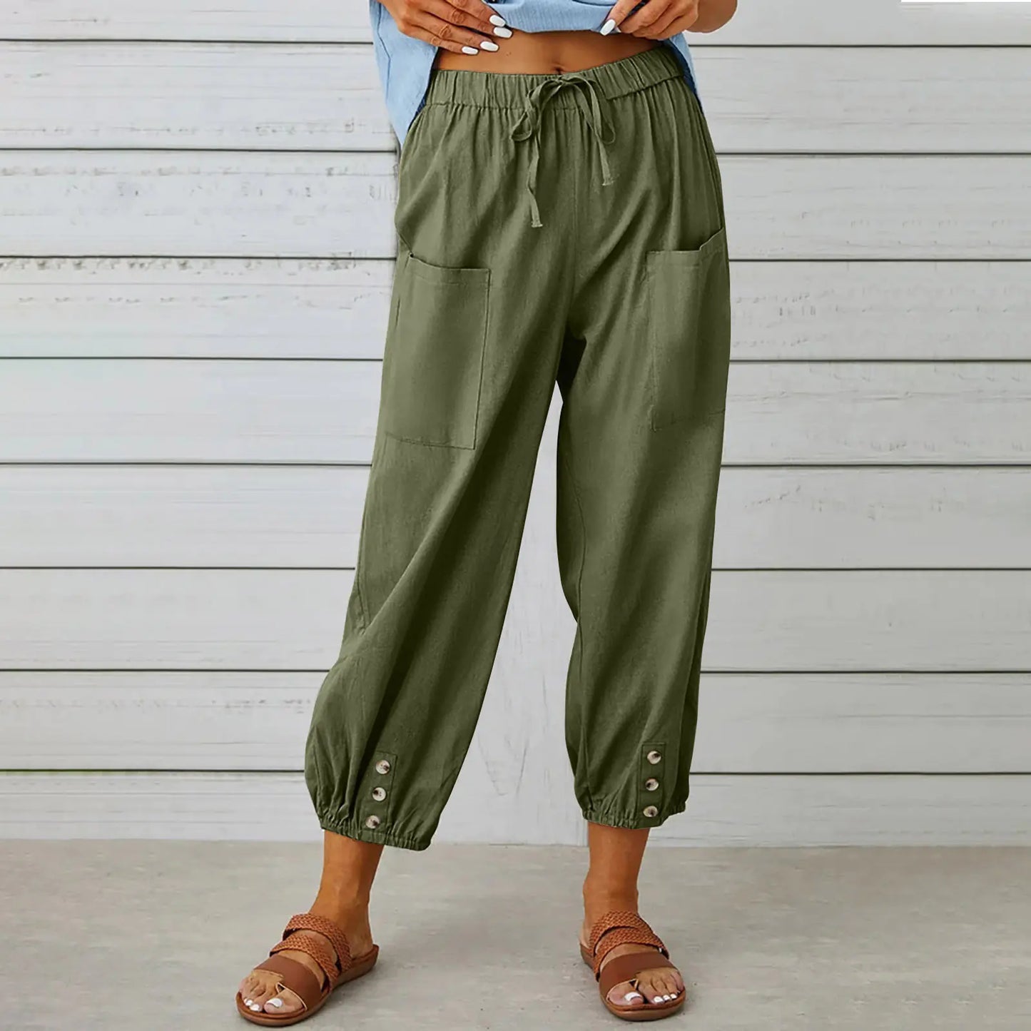 Women's Casual Drawstring Pants with Buttons