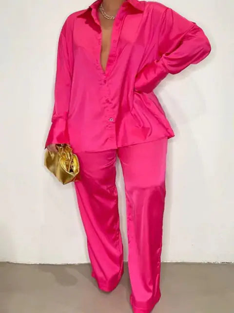Elegant Satin Tracksuit with Wide Leg Pants