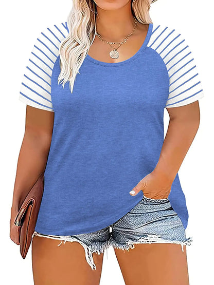 Women’s Tops Summer Casual T Shirts Loose Stripe Tunic Blouse Blue