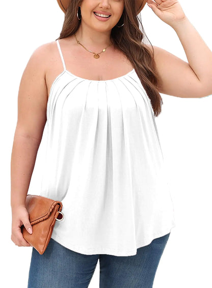 Women White Pleated Flowy Dressy Sleeveless Camisole Tank Tops