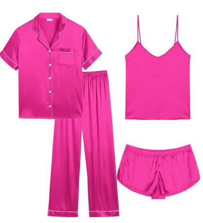 SWOMOG Women Pajama Set 4pcs Silk Satin Sleepwear Button Down