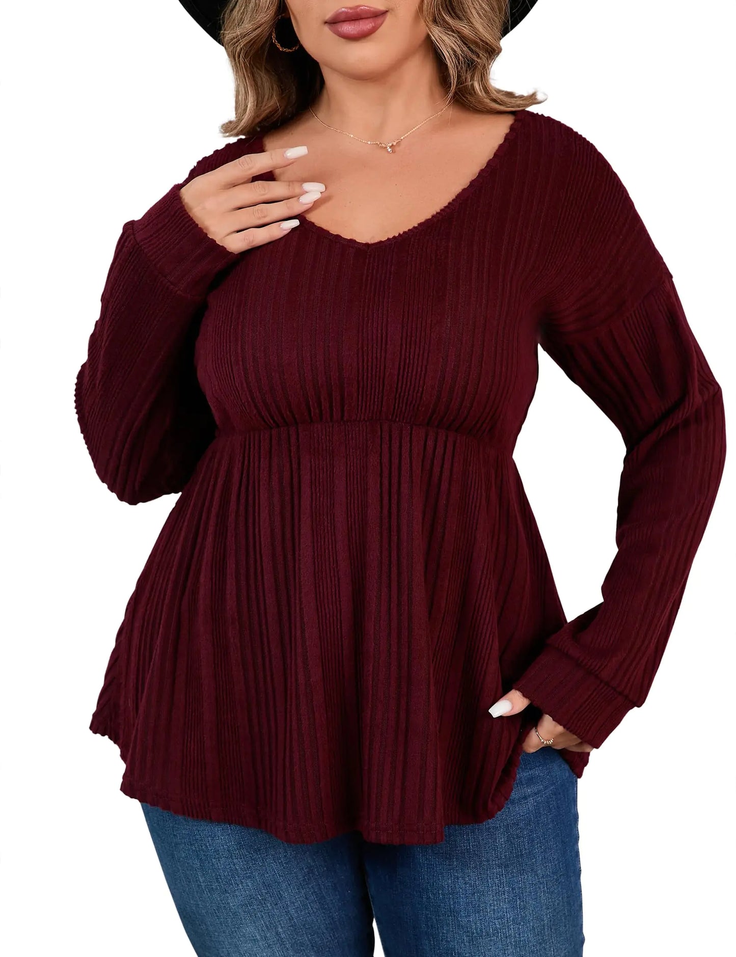 Women Casual Tops Tunic Sweater V Neck Pullover Dressy Long Sleeve Loose Fit Blouse Shirt Wine Red