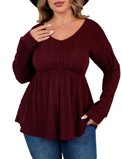 Women Casual Tops Tunic Sweater V Neck Pullover Dressy Long Sleeve Loose Fit Blouse Shirt Wine Red