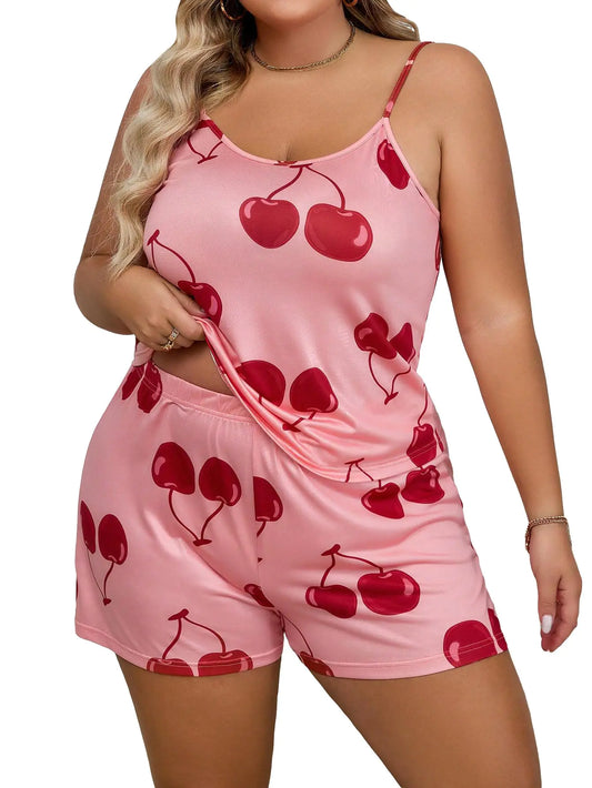 Floerns Women’s Cherry Print Cami Top and Shorts Pajama Sets Pink Red Cherry