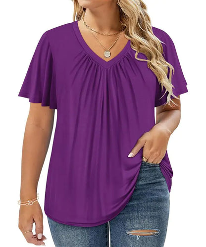 Women Short Sleeve Tunic Round V Neck Blouse