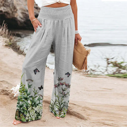 Women's Floral Butterfly Print Wide Leg Pants