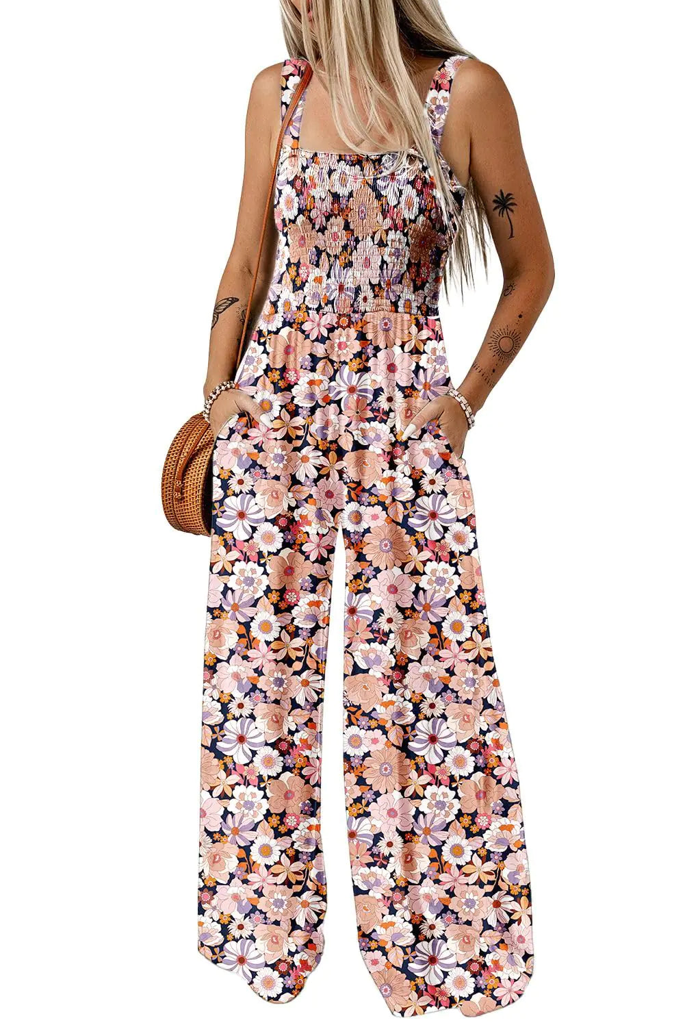 Women Happy Sailed Wide Leg Long Pants Jumpsuit Floral