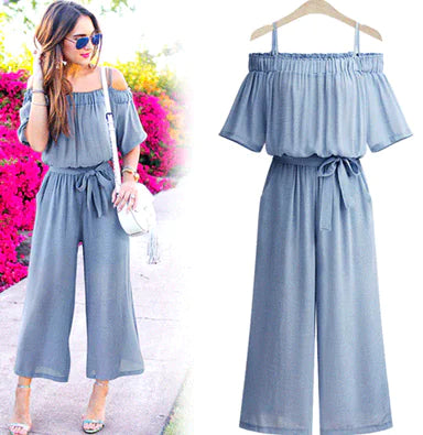 Off-Shoulder Jumpsuit with Wide Leg Pants