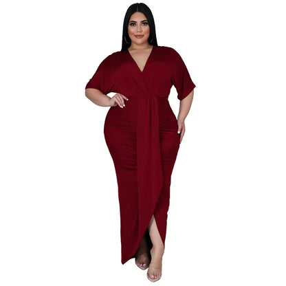 Women Elegant V-Neck Maxi Dress With Front Slit