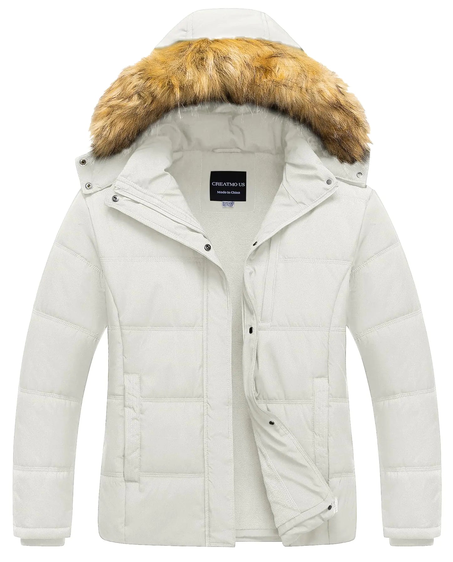 CREATMO US Women’s Coat Bubble Coat with Removable Fur Hood White
