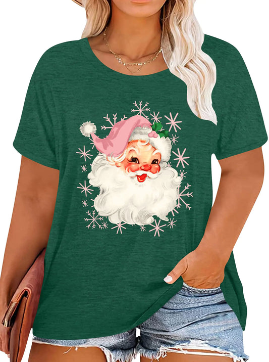 Women Santa Graphic Shirt Christmas Short Sleeve Tops Green