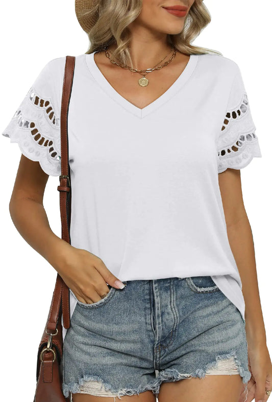 Women Loose Fit V Neck Short Sleeve T-Shirts White