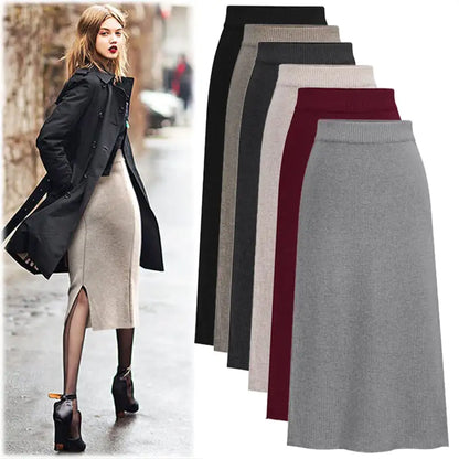 Women High-Waisted Wool Long Skirt