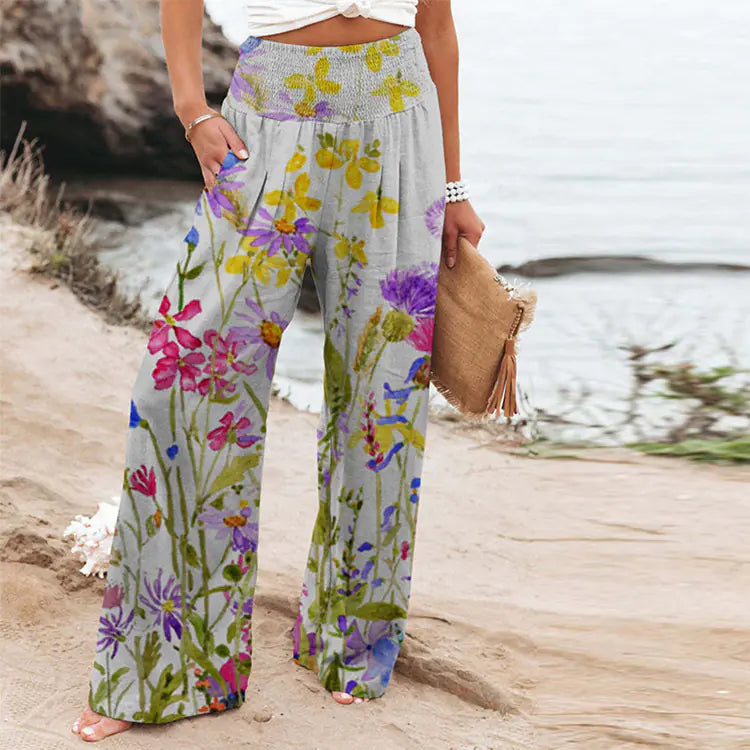 Women's Floral Butterfly Print Wide Leg Pants