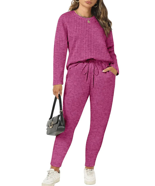 RITERA Women Long Sleeve 2 Piece Ribbed Knit Outfits Pink