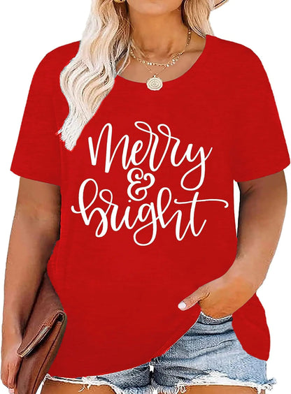 Women Merry and Bright Shrit Plaid Christmas Tree Printed T-shirts Red