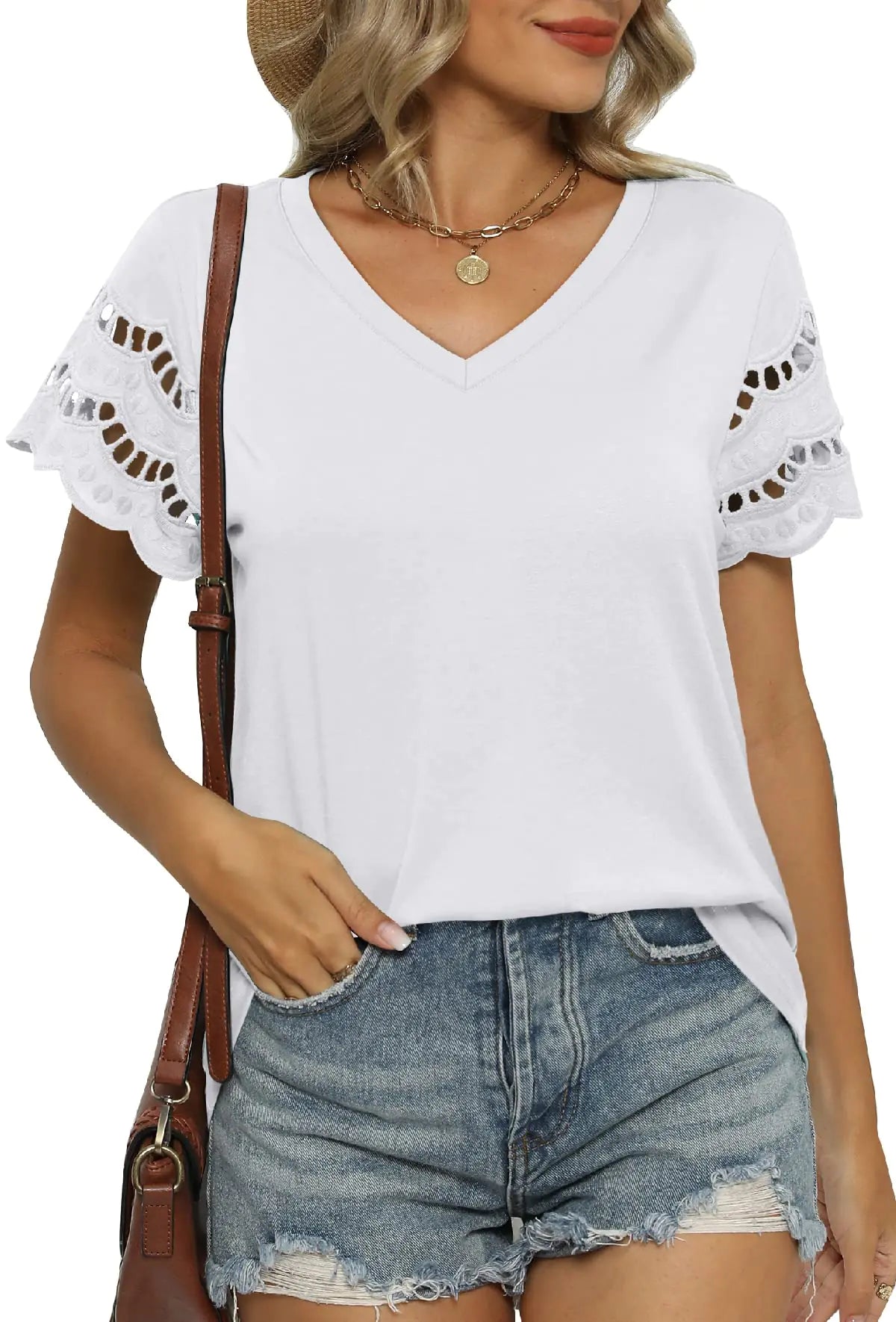 Women Loose Fit V Neck Short Sleeve T-Shirts White